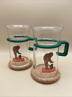 Set of 2 Vintage Bodum Bistro Glass Coffee Mugs with Chimp using French Press